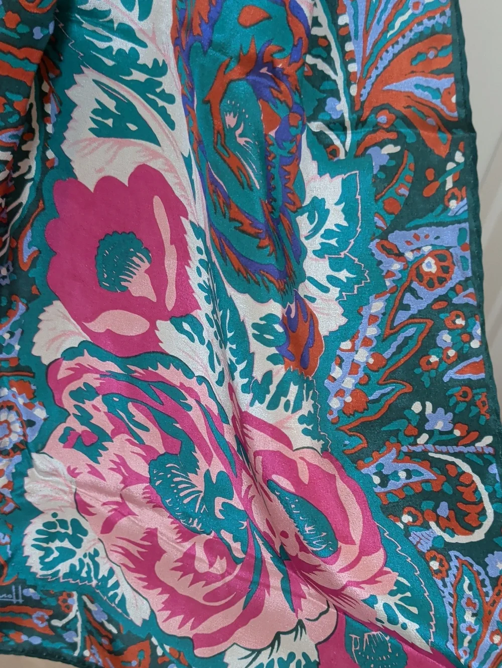 Vintage 80s Silk Honey Scarf Pink & Teal Floral Elegant Rectangle 53